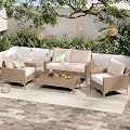 SunloungeCo 4-Piece Patio Furniture Set, Outdoor Wicker Sectional Sofa with Coffee Table, Anti-Slip & Thick All-Weather Cushions for Garden, Poolside, Backyard, Beige