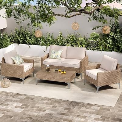 SunloungeCo 4-Piece Patio Furniture Set, Outdoor Wicker Sectional Sofa with Coffee Table, Anti-Slip & Thick All-Weather Cushions for Garden, Poolside, Backyard, Beige