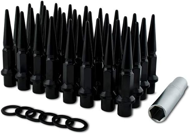 Steel Spiked Lugz - Dually - (Black) : 14x1.5 Thread, 4.9" Overall Length, 19mm Hex Size, Shank Seat Style. - Set Includes 32 Lugs & 1 Key