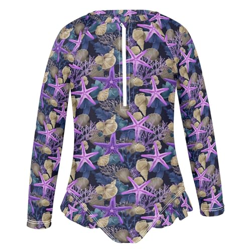 ALAZA Cute Coral Starfish Seashell Girls One Piece Swimsuit Long Sleeve Rash Guard Swimsuits UV 50+ Swimwear Zipper2