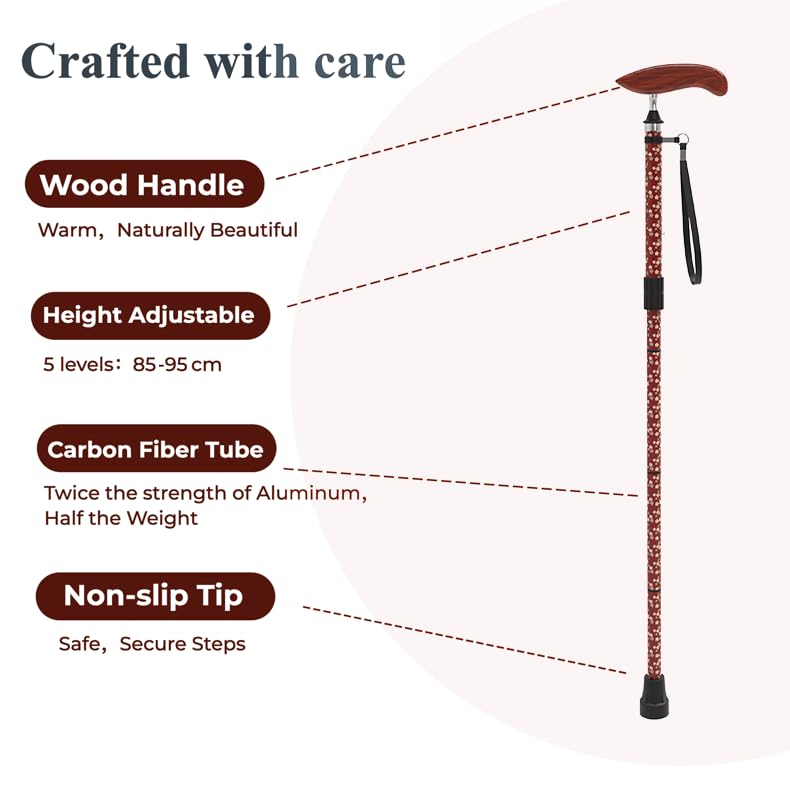 Bastón plegable con mango de madera, bastones para mujeres y hombres, bastones para personas mayores: altura ajustable, bastón plegable ligero de fibra de carbono para viajes y uso diario