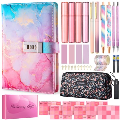 38PCS Aesthetic School Supplies with Password Lock Notebook, Pen Case, Mechanical Pencils, Gel Pens, Highlighters, Ballpoint Pens, Bookmarks & Washi Tapes, Cute Stationary Set Bible Journal Kit