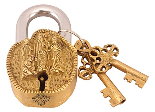 Image of Indian Art Villa Handmade Old Vintage Style Antique Ram Darbar Design Brass Security Lock with 2 Keys Om Design on Back|Home Temple Office