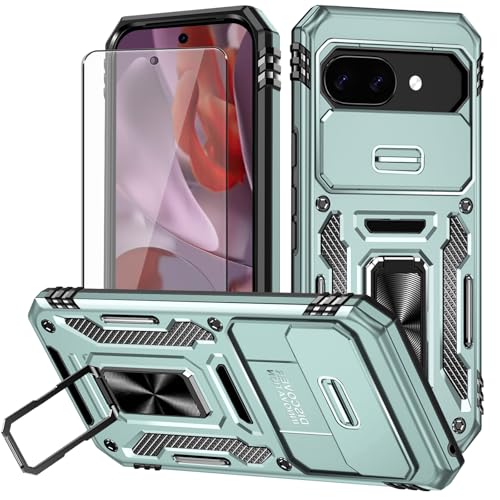 Aozuoton for Google Pixel 9a Case with Screen Protector and with Camera Cover, 360°Military Grade Rotatable Kickstand (Heavy Duty) Shockproof Protective, Case for Google Pixel 9a Alpine Green