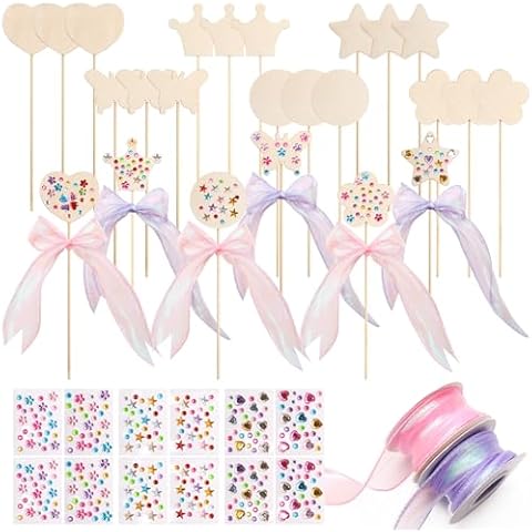 Wooden Princess Wands Kit, Bettoor 24Pcs Unfinished Wooden Wands for Kids, 6 Styles Party Favor Princess Wands to DIY with 12Pcs Stickers and 2Pcs Colorful Ribbon for Kids Party Supplies, Christmas Cover