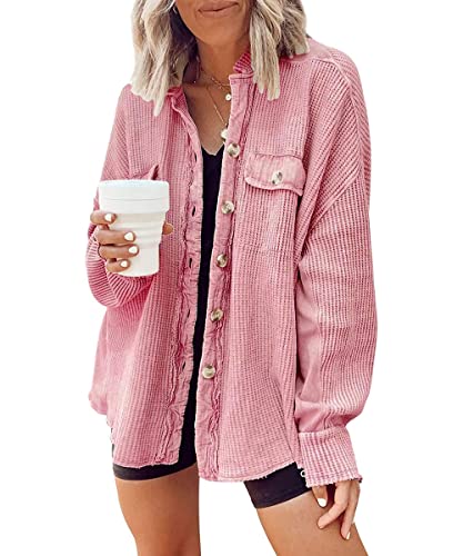 Image of ebossy Womens Long Batwing Sleeve Splicing Cardigan Lightweight Waffle Textured Boyfriend Shirt Jacket Shacket