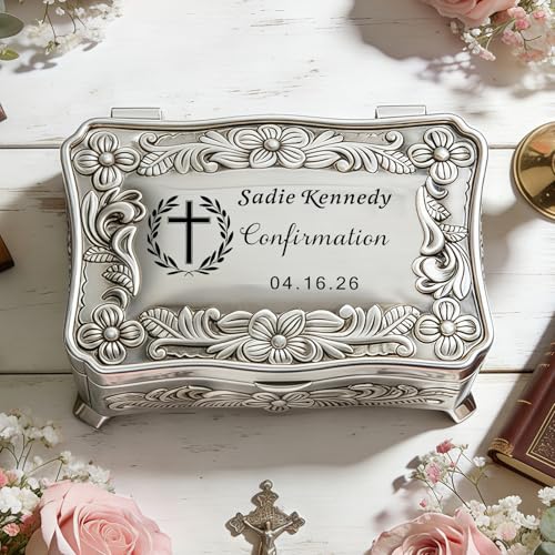 Personalized Confirmation Gift for Teen Girls – Custom Engraved Metal Keepsake Box with Cross, Small Jewelry Box for Bracelets, Necklaces, Trinkets & Treasures, Religious Gift for Catholic Families