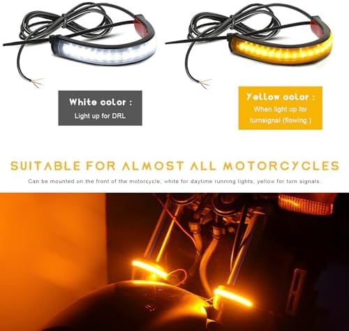 YTFRL 2PCS Motorcycle LED Turn Signal Light, Flexible Switchback Fork Turn Signal Blinkers Waterproof Tail Strips, Dual-Color DRL Daytime Running Light Adjustable Strip Bars for Motorbike - 2