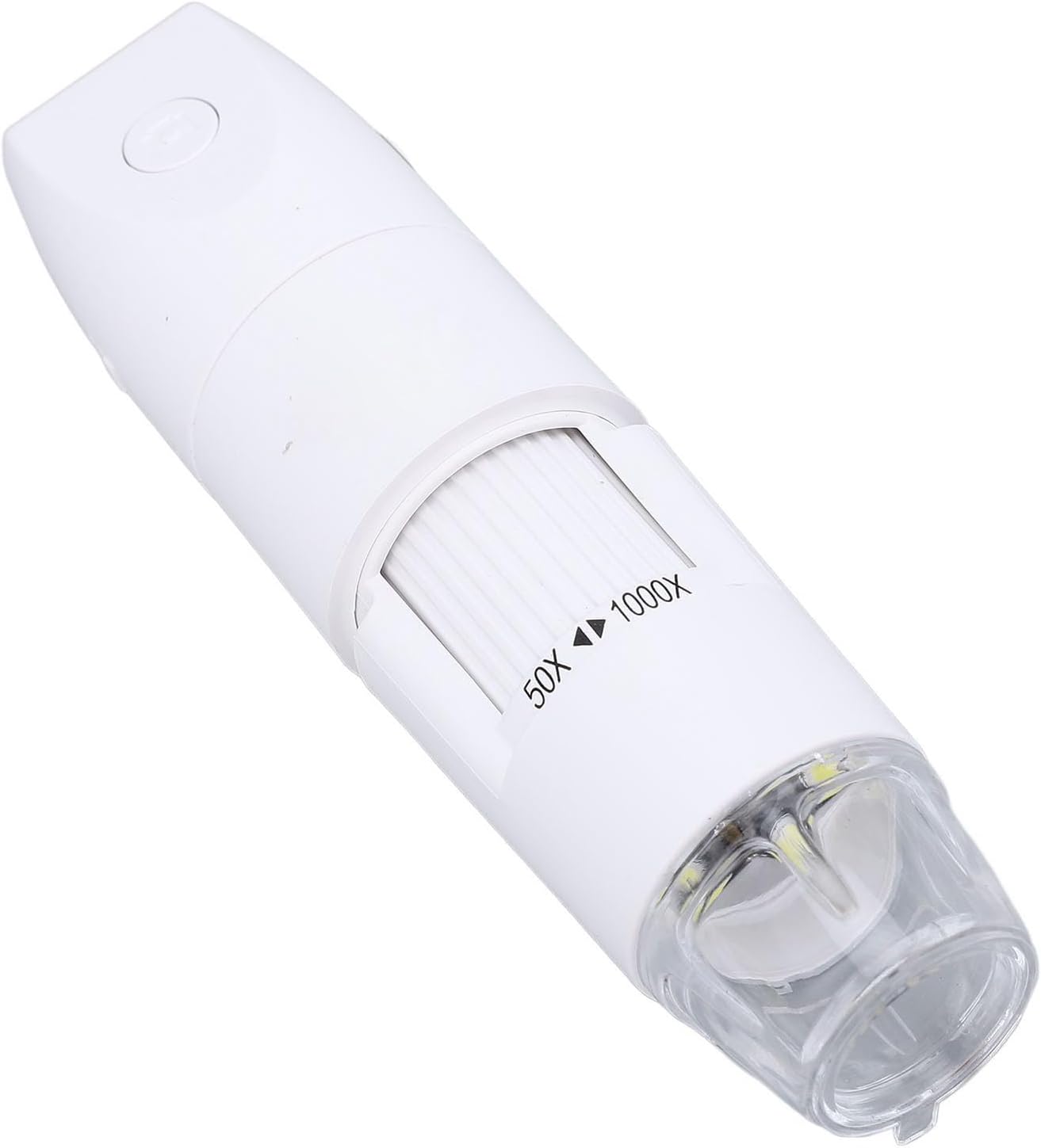 Front view of the white Yunseity USB Microscope, showing the lens and focus wheel.