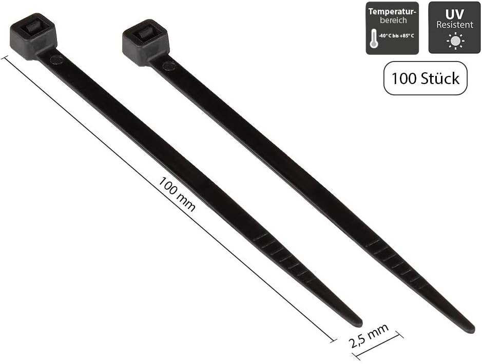 Good Connections® Cable Ties 100 mm x 2.5 mm, Set of 100, Black, UL, UV-Resistant, Weather-Resistant, for Outdoor Use, -40 °C to +85 °C