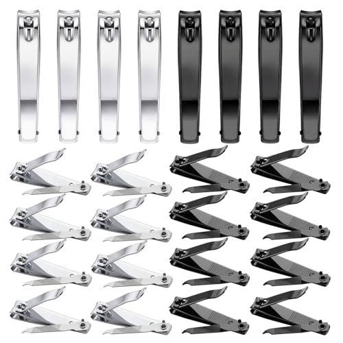 Bememo 24 Pcs Large Small Stainless Nail Clippers Set Fingernail and Toenail Clippers Bulk with File Pedicure Flat Portable Travel Manicure Care Tool Cutter for Women Men Homeless (Silver and Black)