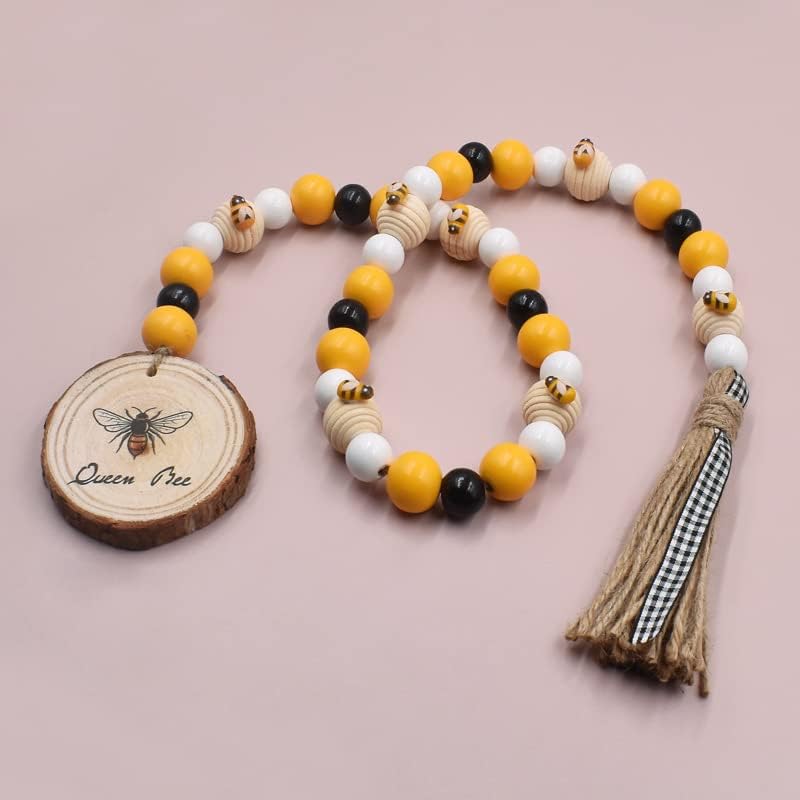 Miniatura 8 de Guirnaldas de cuentas de madera de abejorro con borlas, decoración de abeja primaveral, cuentas de madera amarillas y negras, cuentas de oración