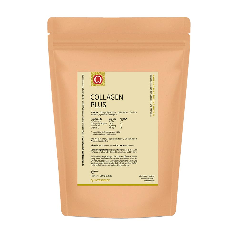 Collagen Plus Polvo 350 g – Péptidos de colágeno de pasto – Con vitamina C y vitamina B6 activa – Sin aditivos, altamente soluble y neutro, calidad premium de Quintessence