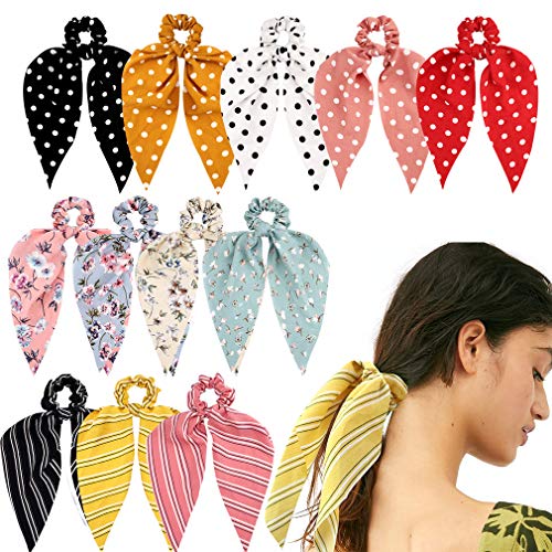 VELSCRUN 12 Pcs BowKnot Hair Scrunchies Hair Bands Elastic Hair Scarves Floral Hair Ties 2 in 1 Vintage Ponytail Holder Hair Accessories for Women