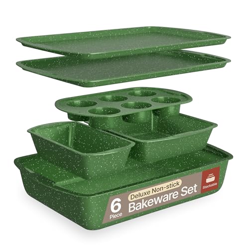 BAKKEN Kitchen Baking Pan Set - Nonstick Green Marble Coating, Commercial Grade Carbon Steel Bakeware Sets, Baking Kitchen Essentials, PFOA, PFOS, PTFE Free, Oven Safe Tray (Up to 450° F), Set of 6 by Bakken- Swiss - Used condition - CA$42.35