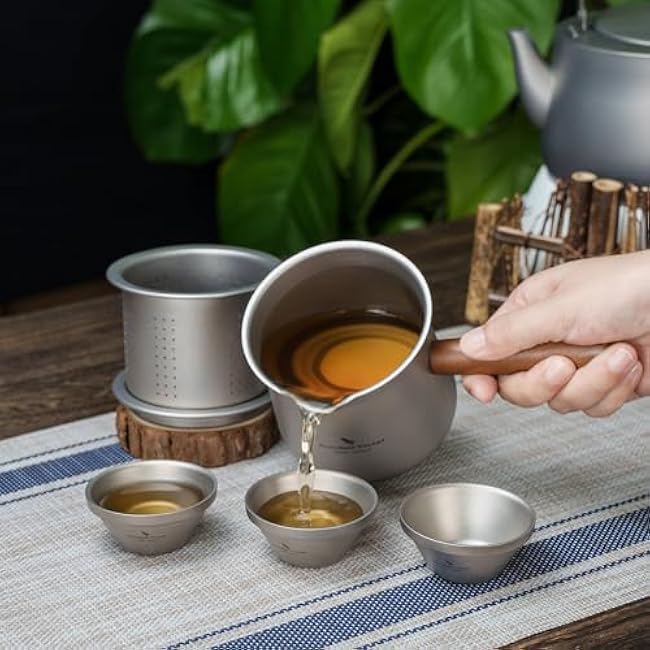 Boundless Voyage Titanium Tea Maker with Strainer 12.85oz Travel Coffee Mug with Wooden Handle Portable Lightweight for Camping Hiking Ti3141D