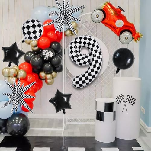 Image of TONIFUL 9th Birthday Balloons Kit 40 Inch Checkered Number 9 Foil Balloon