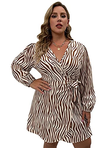 SOLY HUX Women s Plus Size Zebra Print Long Sleeve V Neck Wrap Tie Side Short Dress Apricot 2XL