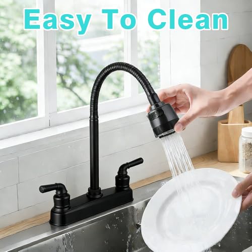 Image of RV Kitchen Faucets,Flexible Spout RV Kitchen Sink Faucet Replacement with Two Handle-8 inch Main Body,High Arch-360 Swivel Replace for RV Home Campers Motorhomes Travel Trailers,Black