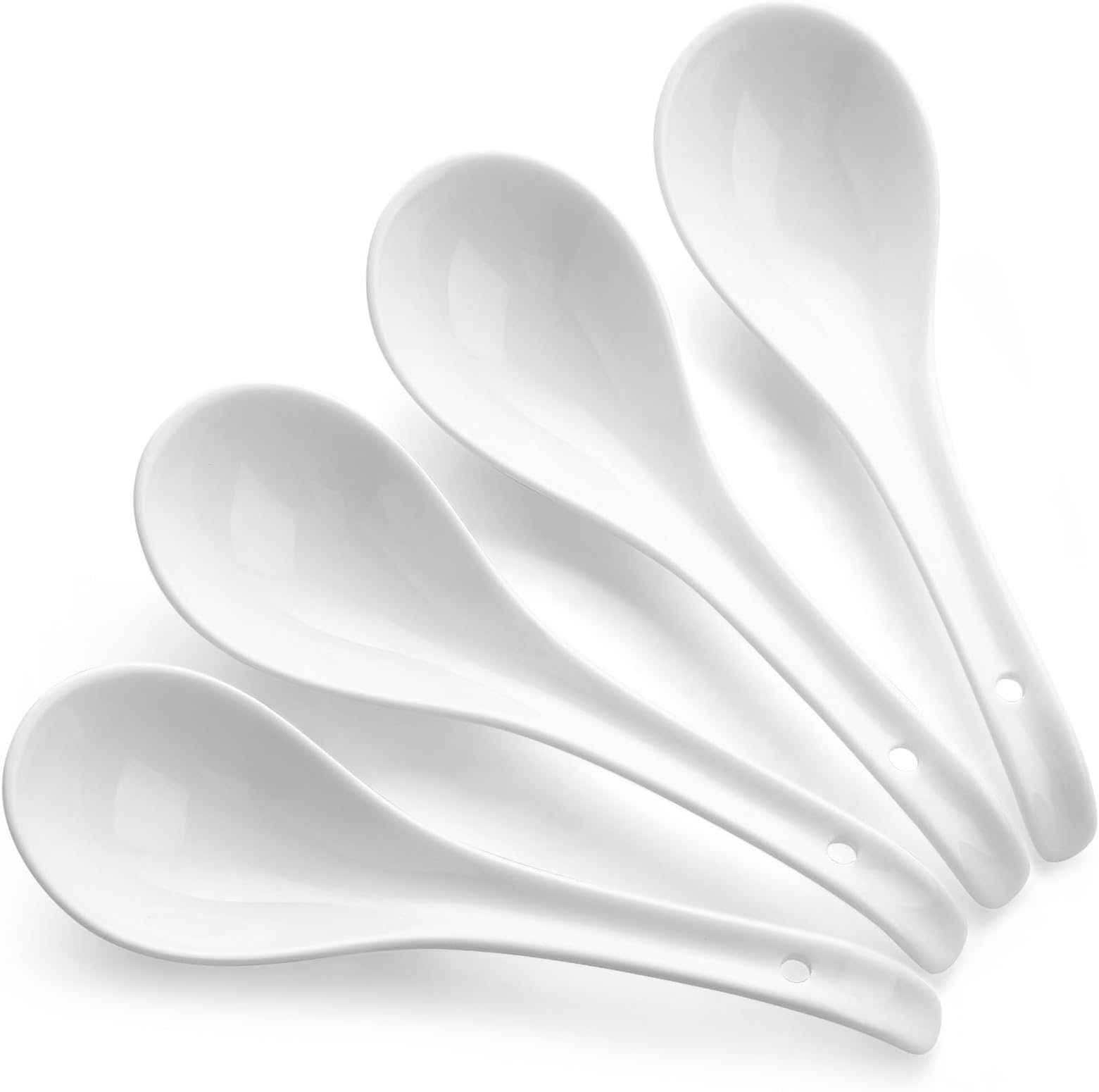 DOWAN Soup Spoons, Ceramic Asian Soup Spoons, White Japanese Spoon Large for Ramen Pho Wonton Dumpling Miso, Deep Oval Hook Design, Set of 4 (4, Soft white)