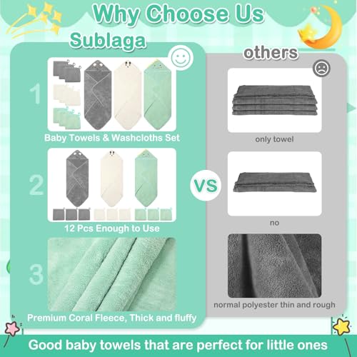 Image of Sublaga 12 Pcs Baby Towels and Washcloths Set, 3 Pcs Baby Bath Towels & 8 Pcs Washcloths Set, Cute Baby Towels, Ultra Absorbent Soft Newborn Bath Essentials Gifts for Boys & Girls