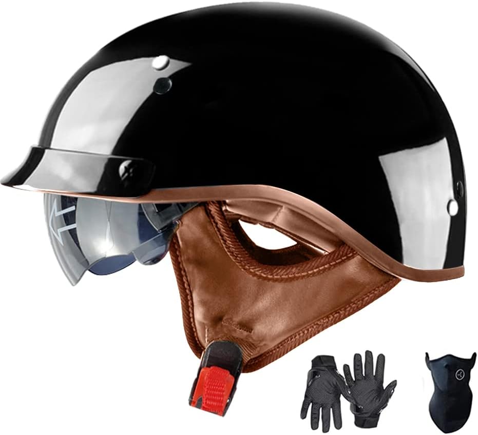 Motorcycle Half Helmet with Retractable Inner Sun Shade Quick Release Buckle DOT Approved Half Face Cycling Helmets for Men Women Adult