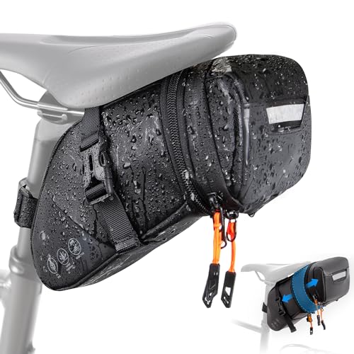 Image of WOTOW Bike Saddle Bag - Waterproof Bike Seat Bag Expandable to 2L - Reflective Bicycle Under Seat Storage Pouch for Road Mountain Bike Cycling Travel