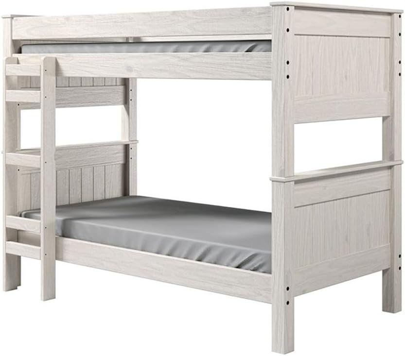 Pemberly Row Twin Over Twin Bunk Bed, Solid Brazilian Pine Wood, White Finish, Headboard and Footboard Ladder, Splits Into 2 Separate Beds, Fits Up to 9-Inch Mattress, Space-Saving Kids Bedroom