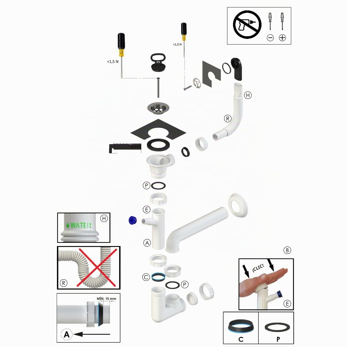 Lavabo con sifón de plástico gris granito color, 61 cm de longitud colgante instalación de agua cocina baño lavabo resistente