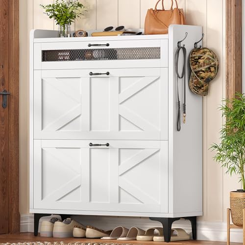 Image of TEENFON Slim Shoe Cabinet, Farmhouse Hidden Shoe Storage with 2 Flip Drawers & 1 Top Drawer, Narrow Shoe Cabinet with Adjustable Shelves and Hooks, Shoe Storage Cabinet for Entryway, White