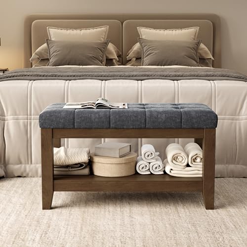 ABHENG Solid Rubber Wood Shoe Bench, Soft Chenille Material Upholstered