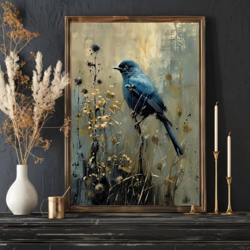 Tableau vintage oiseau bleu Baibexing pour décoration murale de maison sans cadre 60x90cm