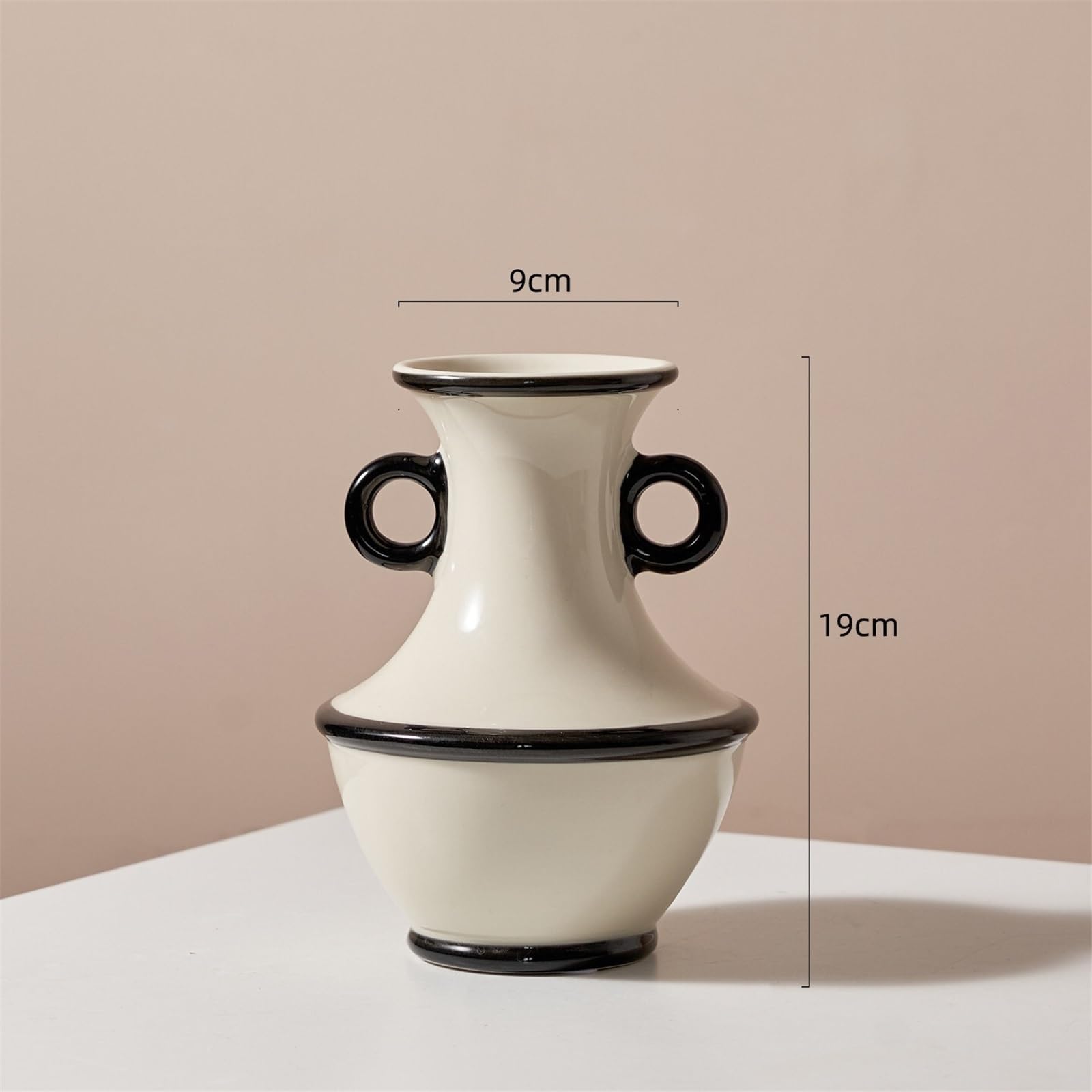 Vase en céramique Blanc crème avec Bordure et poignées Noires Décoration d'intérieur | Récipient décoratif for la maison(Petit)