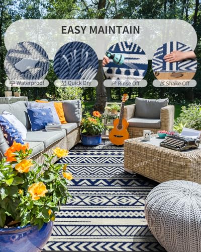 MontVoo-Outdoor Rug Carpet Waterproof 5x8 ft Reversible Patio Rug RV Camping Rug-Plastic Straw Rug Outside Indoor Outdoor Area Rug for Patio Deck Balcony Picnic Beach Outdoor Decor Boho Navy Blue - Image 4