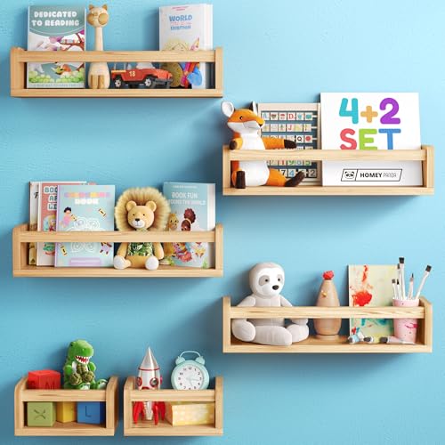 Image of HOMEY PANDA Wall-Mounted Nursery Bookshelves - 4 Long + 2 Mini Shelves, Kids Room Storage (Varnished Pine Wood)