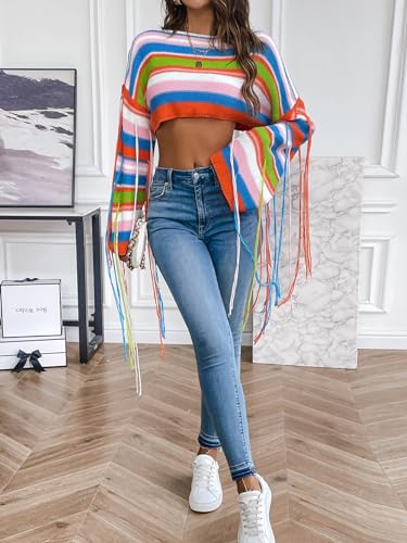 Image of BAIMORE Women's Chic Crochet Boat Neck Rainbow Striped Long Sleeve Crop Sweater with Tassels