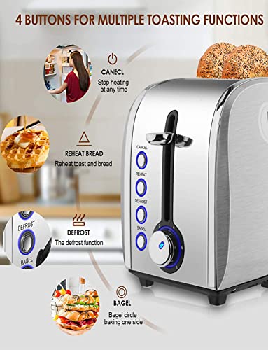 Toaster 2 Slice Jewjio Brushed Stainless Steel Retro Bread Toaster With 1.5" Extra Wide Slot, 6 Browning Settings, Bagel/Defrost/Reheat/Cancel Function With Crumb Tray Silver 800W Anti-Fingerprint #TOP3