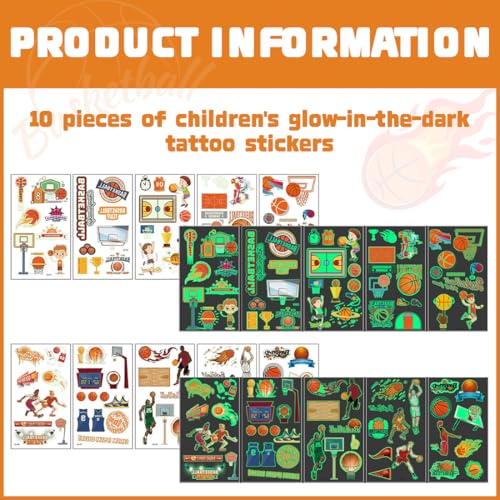 KIRZAX 10 Blätter BasketballTattoo Kinder, Leuchttattoos Kinder Basketball, Schultüte Füllung Schulkind Geschenk Einschulung Junge, Basketball Party Zubehör,Coole Sachen für Jungs