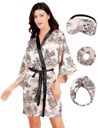 Image of EPLAZA Silk Robes for Women Satin Robe Short Sexy Print Flower Kimono Loungewear Wedding Bridal Party