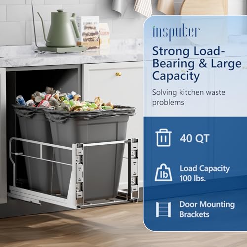 Image of Insputer Double 40QT Pull Out Trash Can Under Cabinet with Soft-Close Slides, Heavy Duty Under Sink Garbage Bin Kit for Kitchen, Laundry, Require Minimum Cabinets Opening 18 inch W X 24 inch D (Dark Gray)