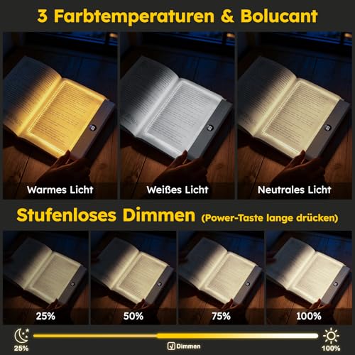 Buchlampe LED dimmbar mit 3 Lichtfarben, Leselicht mit Timer, Reading Book Light als Lesezeichen & Buchseitenhalter, USB-C Schnellladung, augenschonend & verschleißfest, Geschenk für Leseratten, Weiß