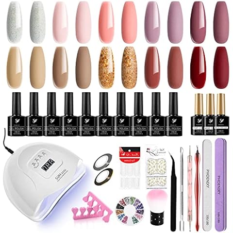 Phoenixy Gel Nail Polish Set with 80W UV LED Nail Lamp, 10 Colors Soak Off Gel Nail Kit Base Glossy Matte Top Coat Starter Christmas Gift Kit for Women Design Nail at Home Cover