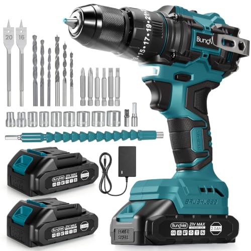 Bundviel Akkuschrauber/Bohrmaschine Set 25+3, Enthalten 2 Akkus 2.0Ah & Ladegerät, 21V, 60 Nm Drehmoment, 2-Gang-Getriebe, Integrierte Schlagfunktion, Ideal für Haus und Garten DIY Projekt