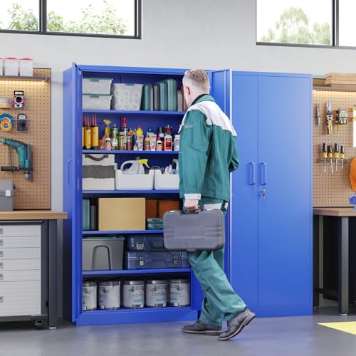 Image of Letaya Metal Garage Storage Cabinets with Lock Door and Adjustable Shelves, Steel Tool Cabinets for Home,Office,Warehouse Organisieren (Blue)