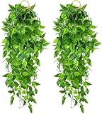 2 Stück Efeu Künstlich Hängepflanzen Kunstpflanze Hängend Künstliche Pflanzen Fake Efeu Grünpflanze Plastikpflanzen für Wand Balkon Garten Hochzeit Drinnen Draußen Deko 3.6Ft
