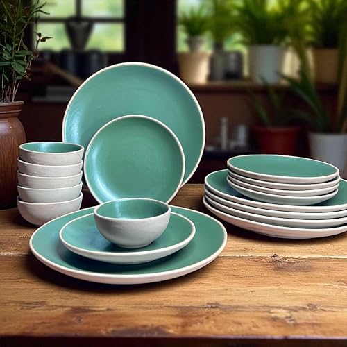 Image of Hand Painted Ceramic Dinnerware Set - 18 Pieces | 6 Dinner Plates, 6 Small Plates, 6 Katori Bowls | Earthy Green | Microwave & Dishwasher Safe | Perfect for Home & Gifting