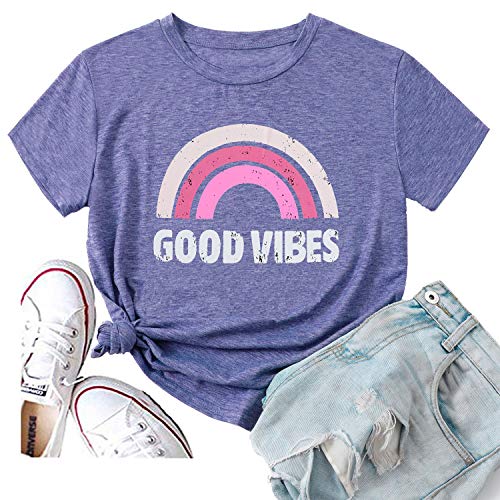 Hellopopgo Womens Good Vibes Shirt Short Sleeve Graphic Tees Rainbow Print Funny T Shirts Summer Tops V-Neck (XXL, Purple)
