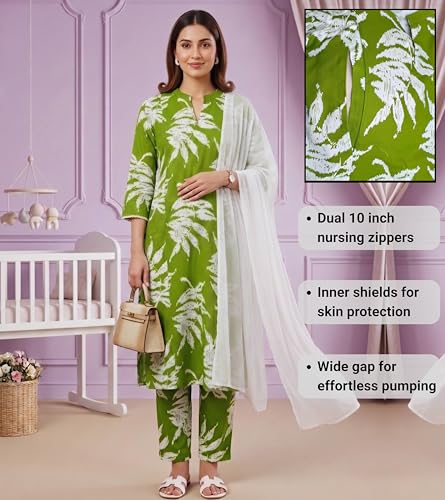 Image of DUMMY SHAPE Feeding Kurtis for Women Cotton Blend | Floral Kurta Pant Dupatta Set with Nursing Zippers to Pre & Post Partum | Maternity Dresses | Mom to Be Gifts for Pregnant Woman