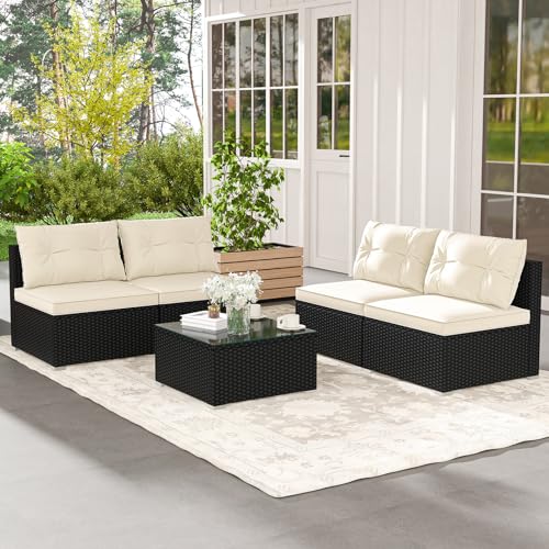 5-Pieces-Patio-Furniture-Set-Outdoor-Sectional-Sofa-with-Tempered-Glass-Coffee-Table-Cushions-Wicker-Patio-Conversation-Set-for-Porch-Deck-Balcony-Poolside-Backyard 5 Pieces Patio Furniture Set Outdoor Sectional Sofa with Tempered Glass Coffee Table Cushions Wicker Patio Conversation Set for Porch Deck Balcony Poolside Backyard