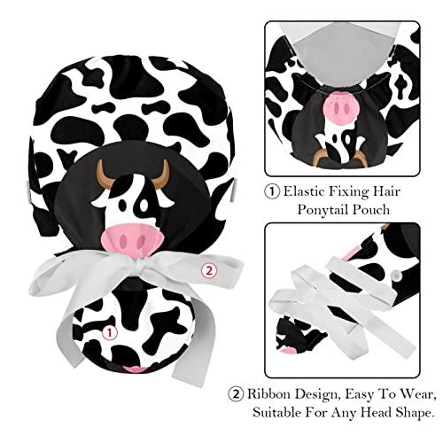 Image of 2 PCS Bouffant Cap with Button Ponytail Pouch Working Cap Sweatband Adjustable Surgical Cap Black and White Cow